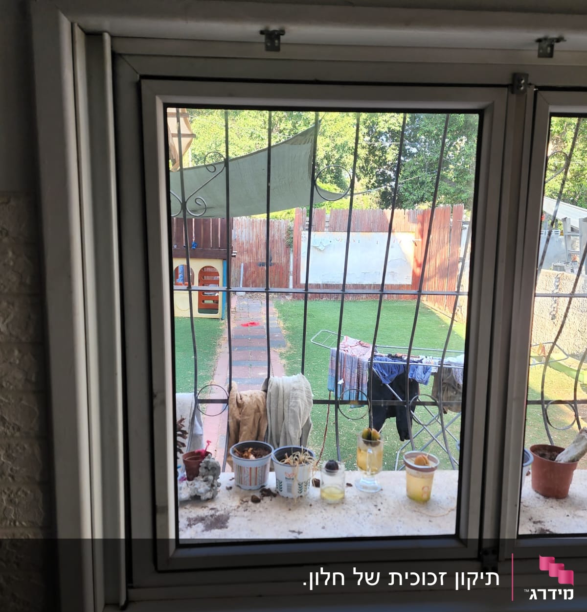 חלון זכוכית עם אדן מלא בעציצים וכוסות